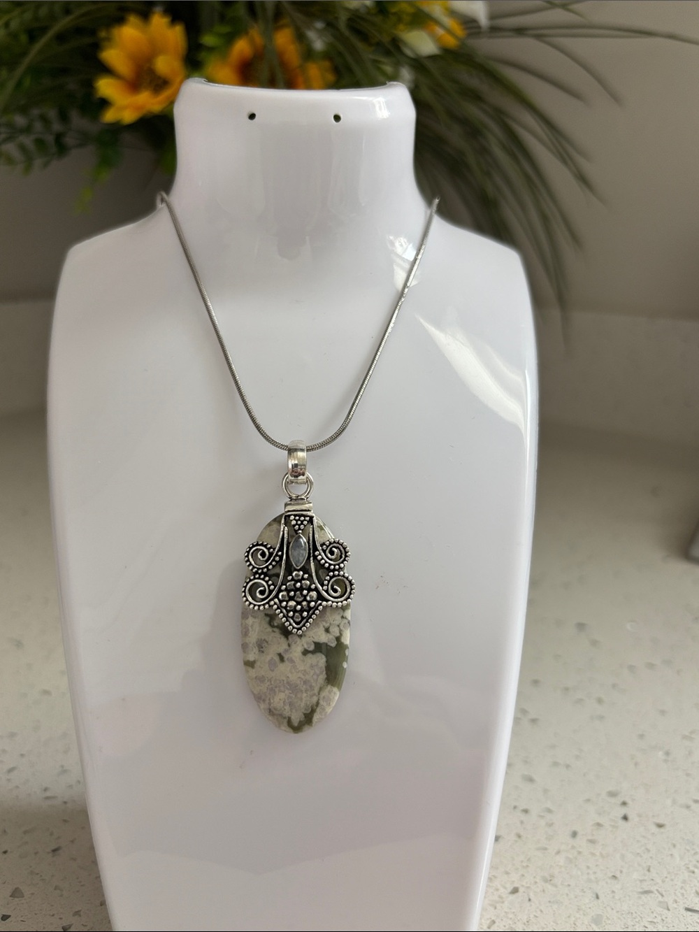 Sterling Ocean Jasper & Rainbow Moonstone Gemstone Pendant Necklace